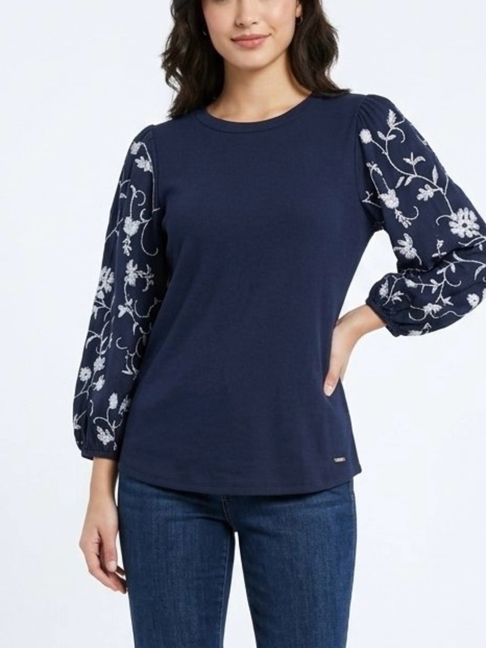 Anne Klein Navy Blue Blouse with Floral Embroidered Puff Sleeves XS